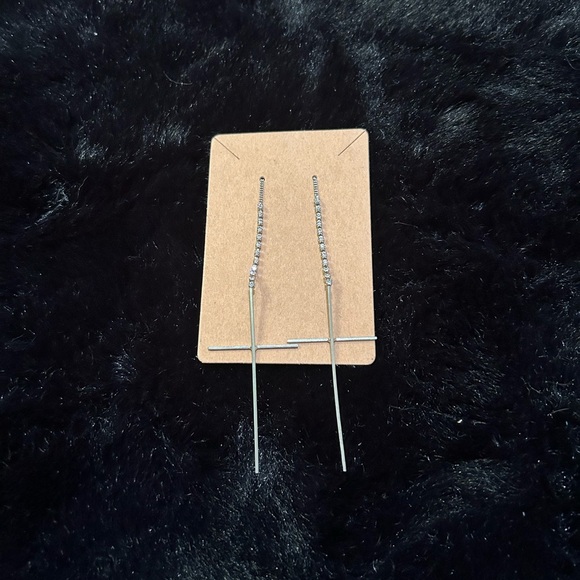 Silver-Tone Crystal Threader Earrings – Elegant Long Dangle Chain Design - Picture 1 of 3